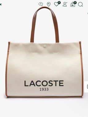 Lacoste Cream Canvas Tote with Brown Trim and Black Logo (Duster Bag Included)
